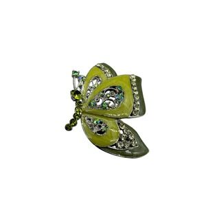 Vintage Silver Tone Green Enamel Rhinestone Butterfly Brooch Pin Filigree Detail
